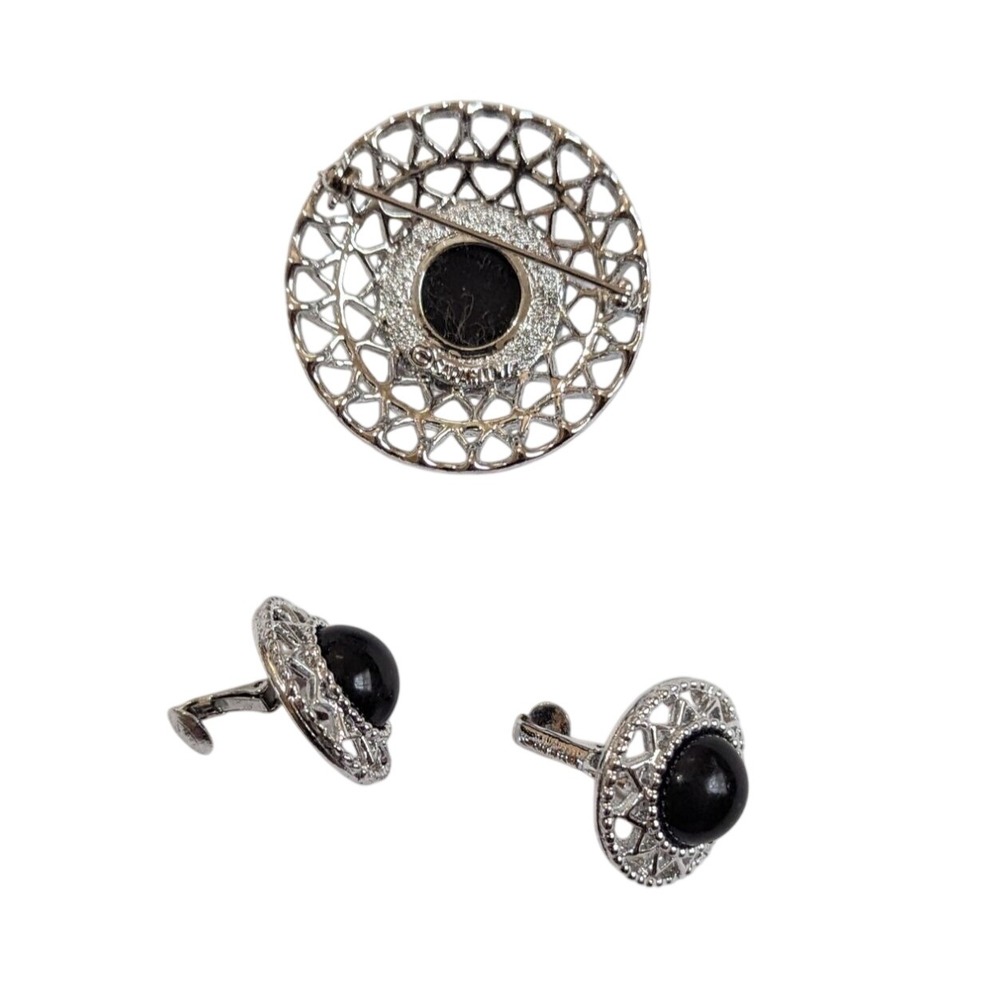 Vintage Sarah Coventry Silver Tone Black Cabochon Brooch and Earring Set